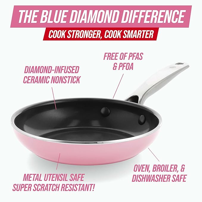Blue Diamond 8" Nonstick Frying Pan Skillet, Ceramic Diamond Infused PFAS-Free, Dishwasher & Oven Safe, Stay Cool Handle, Durable Non Toxic Metal Utensil Safe, Egg & Omelet Pan, Pink