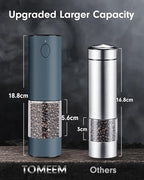 TOMEEM Upgraded Larger Capacity Electric Salt and Pepper Grinder Set Rechargeable with LED lights, Stainless Steel Automatic Pepper and Salt Grinder Refillable with 5 Adjustable Coarseness Blue
