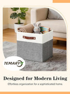 Temary 13 Inch Cube Storage Bins 4 Pack, Perfect Fit for Standard Cube Organizers, Sturdy Collapsible Storage Organizer Bins with PU Leather Handles for Closet, Nursery, and Office-White&Grey