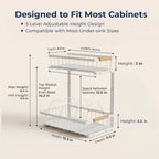 Under Sink Organizer with Motion-Activated LED Lights, 2 Pack, 2 Tier Sliding L-Shaped Carbon Steel Rack with Adjustable Height, Dividers & Hooks (White)