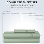 100% Natural Cotton Bed Sheets | 500 TC Single-Ply Sateen Weave Twin XL Sheets | Soft, Breathable, Hypoallergenic Solid 3-Piece Bedding with Deep Pocket Fitted, Flat, Pillowcase | Sage