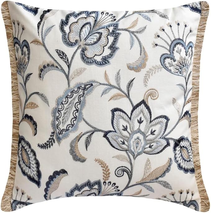 The HomeCentric King/Queen/Twin Blue Designer Queen 74"x18" Bed Runner with 2 Pillow Cover, Floral, Embroidered, Jute Lace & Lace Bed Scarf on Cotton Fabric - Morning Glories