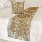 The HomeCentric King/Queen/Twin Ivory & Gold Decorative Queen 74"x18" Bed Runner with 2 Pillow Cover, Beaded & Foil Bed Scarf on Silk Fabric - Foil Damask Gold