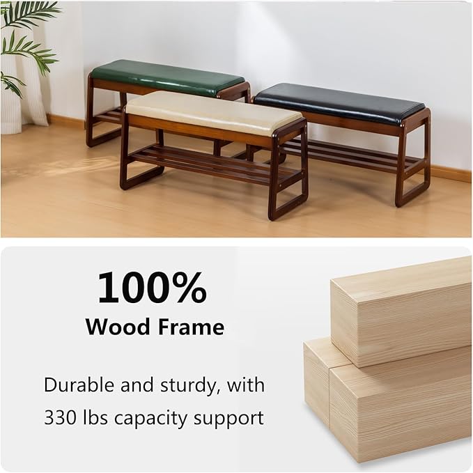 SOBIBO Shoe Bench with Storage - 2-Tier Entryway Bench, Solid Wood Shoe Rack with Cushion & Flip-Open Box, Mid-Century Modern for Hallway, Mudroom, Bedroom (Green, 39.4")