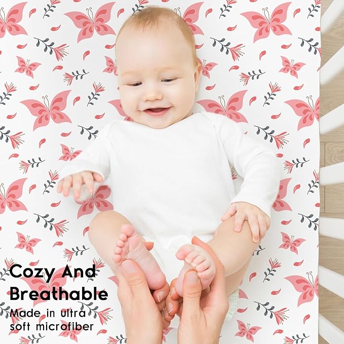 Yoofoss Pack and Play Sheets Fitted, Mini Crib Sheets 2-Pack for Pack N Play Mattress, Stretchy Playard Sheet, Soft and Breathable (Pink + Butterflies)