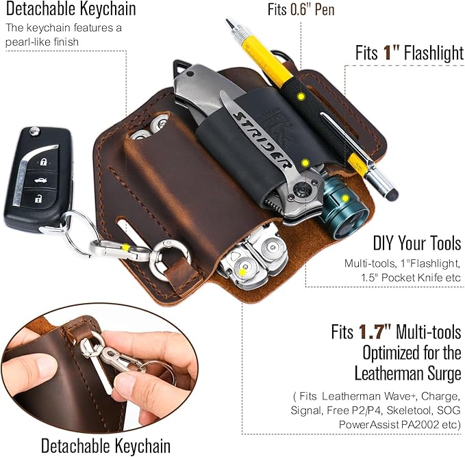 FLYHOMES Genuine Leather Multitool Sheath | Handmade Stitched EDC Belt Organizer for Leatherman Surge | Flashlight, Knife Holster, Pen & Tools Pouch | Dark Brown + Black (Large)