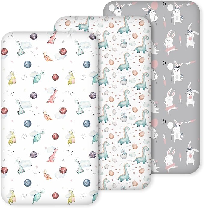 Nap Mat Sheet 47"x24", 3 Pack Dinosaur Baby Crib Sheets Fitted Elastic Corners, Preschool Day Care Rest Mat Cover, Soft Breathable - Compatible with Regalo My Cot, Joovy Travel Cot