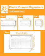25 Pcs Makeup Drawer Organizer Set, 4 Sizes Versatile Bathroom and Vanity Drawer Organizer for Makeup, Non-Slip Desk Organizer Trays for Bedroom, Office, Fits Jewelry and Office Supplies