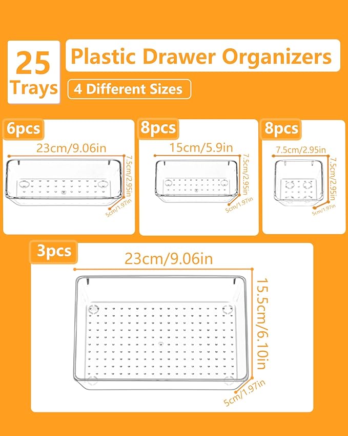 25 Pcs Makeup Drawer Organizer Set, 4 Sizes Versatile Bathroom and Vanity Drawer Organizer for Makeup, Non-Slip Desk Organizer Trays for Bedroom, Office, Fits Jewelry and Office Supplies