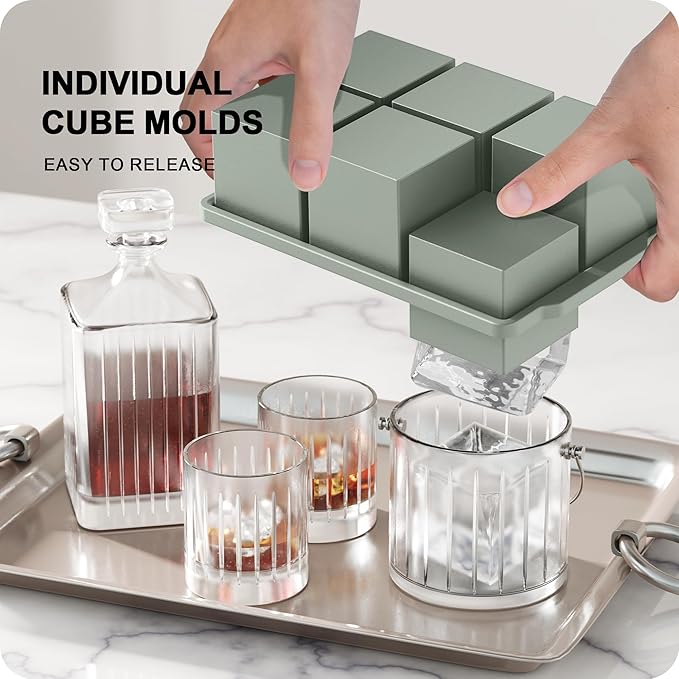 VLM 3 Packs Large Ice Cube Molds with Stackable Lid,Silicone Ice Cube Tray for Freezer,Big Square Ice Tray for Whiskey,Cocktails,Bourbon and Soups (Neutral)