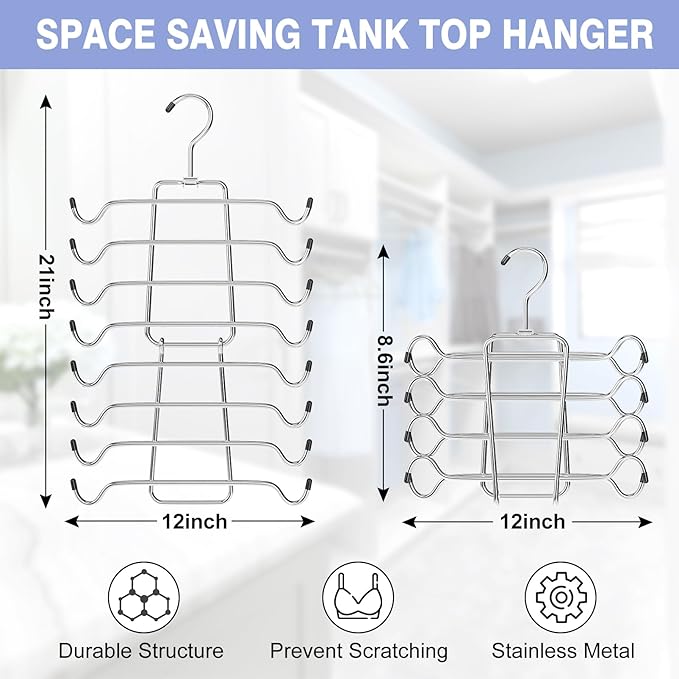 2Pcs Tank Top Hangers Space Saving Hanger Organizer Bra Hangers for Closet Organizer 360° Rotating Metal Closet Organizers and Storage Lingerie Hangers for Cami Bras Belts Swimsuits Lingeries Silver