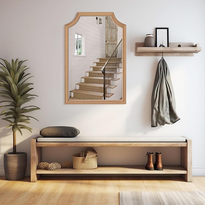 WallBeyond Scalloped Wood Mirror for Small Bathroom Vanity 20x30 Inch Rectangle Wall Mirror Decor for Hallway Bedroom Living Room Home (Honey-Colored)
