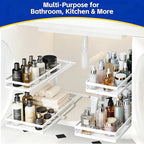 Under Sink Organizer, Dual-Rail Ball-Bearing, Under Kitchen Sink Organizer, 6-Level Adjustable, Under Cabinet Organizer, No-Drill Adhesive/Suction, Under Sink Storage (White, Double Layer - 1 Pack)