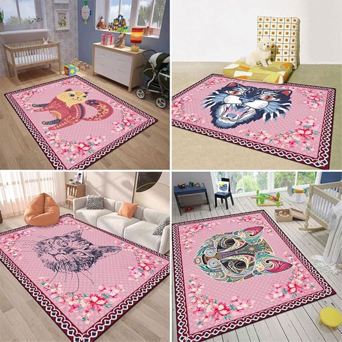 Cartoon Animal Pattern Area Rug Cute Cat Luxury Floral Decor for Carpet Farmhouse Bedroom Living Room Rugs Bathroom Kitchen Runner Mat Indoor Outdoor Non Slip Doormat 5' X 8'