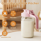 Breast Milk Pitcher, Mason Jar 32 oz, Heavy Duty Wide Mouth Jar with Pink Flip Cap Lid and Pour Spout, Airtight Seal for Freshness and Convenience, Great for Cold Beverages and Home Entertaining