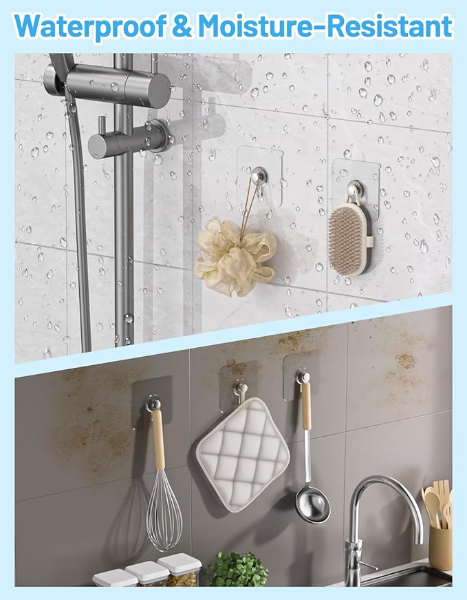 16 Pcs Picture Hangers Without Nails, 20 Ibs Load Heavy Duty Self Adhesive Wall Hooks for Hanging, Waterproof Adhesive Picture Hooks for Bathroom Kitchen, Transparent Sticky Hooks for Frames