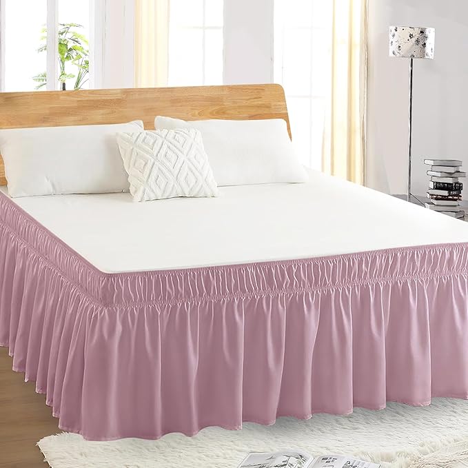 King Bed Skirt, Elastic Wrap Around Bed Skirt King Size, Bed Skirts for Adjustable Bed, Easy Fit with 18" Drop Length Tailored Drop Dust Ruffle (Pink)
