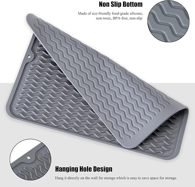 Large 17" x 14" Silicone Dish Drying Mat for Kitchen Counter, Easy clean, Quick Dry, Heat-resistant Dish Drainer Mat for Sink,Refrigerator or Drawer liner (Food Grade Silicone-White)