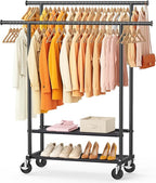 Double Rods Clothes Rack, Rolling Clothing Rack for Hanging Clothes Closet Rack with Wheels, Metal Portable Garment Rack with Double Shelves for Bedroom Laundry Living Room, Matte Black