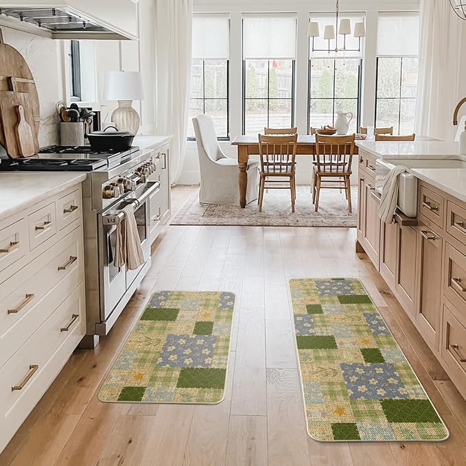 Artoid Mode Check Pattern Flowers Floral Spring Kitchen Mats Set of 2, Home Decor Low-Profile Kitchen Rugs for Floor - 17x29 and 17x47 Inch
