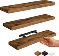 Vervida® 3 Pack Rustic Brown Floating Shelves, 24" W x 7.9" D x 1.5" H, Holds Up to 38 Lbs, for Living Room, Bedroom, Bathroom, Kitchen, Office, Storage, Display, with Invisible Brackets Wall Shelves