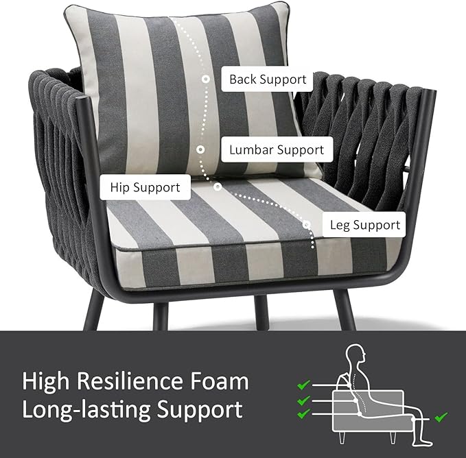 Outdoor Patio Chair Cushions Set, 22" x 22", Set of 2, Water-Repellent, Fade Resistant, Deep Seat Bottom and Back Cushion for Backyard, Couch, Sofa and Patio Furniture, Gray Stripe
