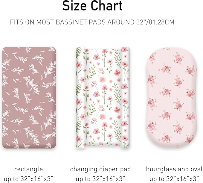 Floral Bassinet Sheets Girl 3 Pack, Breathable Cozy Fitted Mattress Sheet, Elastic Travel Bassinet Fashionable, Standard Cradle Safe Sheets for Baby Boy Girls 32" x 16"