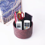 Round Leather Art Supply Organizer,Remote Control Holder,360 Degree Spinning,Multi-Functional Pencil Holder,4 Compartments Desktop Stationary Organizer(1-Carved Dark Brown)