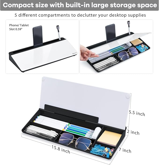 Varhomax Glass Desk Whiteboard with Storage, Desktop Organizer to-do List Memo Notepad Dry Erase White Board for Home Office and School Supplies (Black&White)