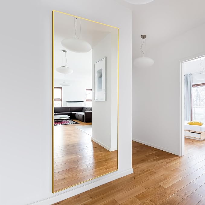 Delma Full Length Standing Mirror,Large Floor Mirror with Aluminum Frame for Bedroom, Bathroom, Living Room,Wall Mount or Freestanding Design(with Stand,Rect 75x35-Gold)