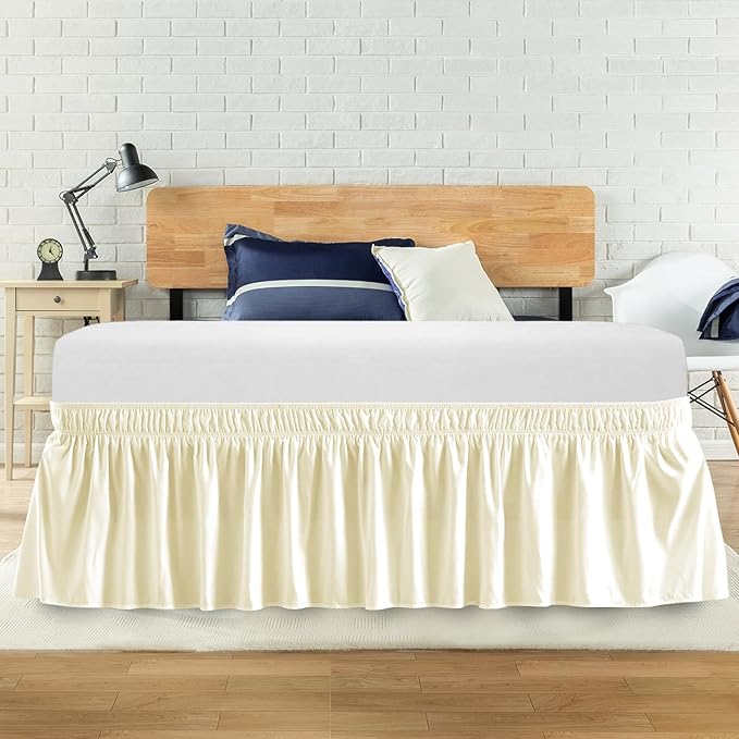 King Bed Skirt, Elastic Wrap Around Bed Skirt King Size, Bed Skirts for Adjustable Bed, Easy Fit with 14" Drop Length Tailored Drop Dust Ruffle (Light Yellow)
