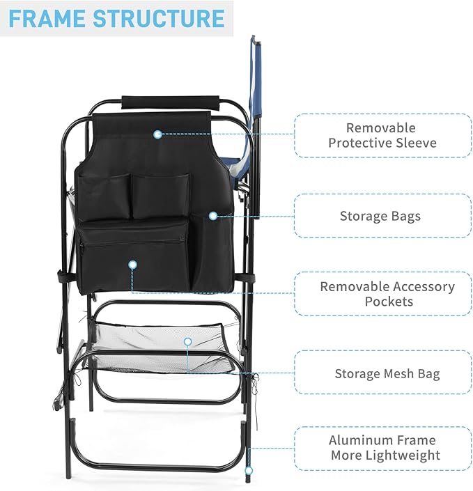 Outvita 4 Piece 31" Tall Directors Chair Height Seat Folding with Side Table Storage Bag, Support for 300Lbs Portable Makeup Artist Chair with Bar Height(Blue/Grey)