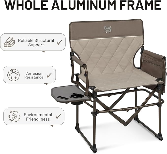 Timber Ridge Aluminum Camping Directors Chair with Side Table Pocket, Portable Folding Chair, Heavy Duty Lawn Chair for Fishing Trip Picnic Concert Outdoor 400lbs, Tan