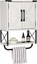 RUSTOWN Farmhouse Rustic Medicine Cabinet with Two Barn Door,Wood Wall Mounted Storage Cabinet with Adjustable Shelf and Towel Bar, 3-Tier Cabinet for Bathroom, Living Room(Vintage White)