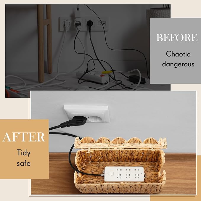 Patelai 2 Pack Scalloped Cable Management Box, Handwoven Water Hyacinth Cord Cable Organizer Box with Lid, 2 Open Slots Cord Basket for Power Strips & TV Wires, Desk, Floor, Office (Natural Color)