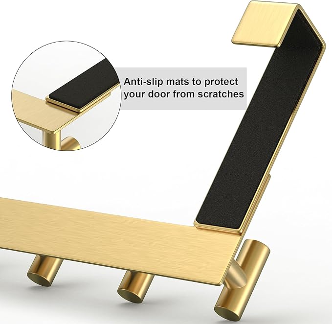 PMMASTO Over The Door Hooks, Fits 1-3/4" Thick Door No Drill Hooks for Closet Bathroom Bedroom Organization, Hanger for Coat Towel Robe (Gold, 5 T-Hooks)