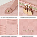 Prite Makeup Bag for Women Travel Waterproof Vegan Leather Cosmetic Bag Open Flat Toiletry Bag With Clear Divider and Handle (Plaid Pink, Medium)