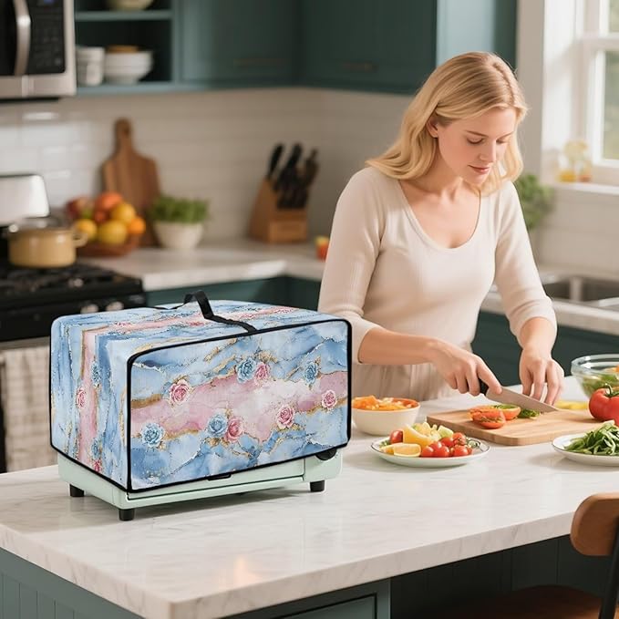 Rose Marble Texture Print Microwave Oven Grill Cover Protector Polyester-Linen Fabric Microwave Oven Dust Cover with Storage Bags Case Protections for Toaster Oven, S