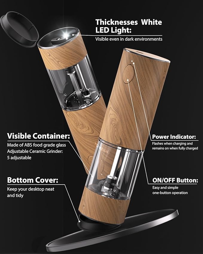 TOMEEM Upgraded Larger Capacity Electric Salt and Pepper Grinder Set Rechargeable with LED lights, Stainless Steel Automatic Pepper and Salt Grinder Refillable with 5 Adjustable Coarseness Wood Grain