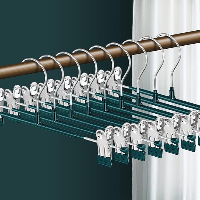 14Inch Pants Hangers with Clips 10 Pack Adjustable Skirt Hangers for Women Non-Slip Trousers Hanger for Jeans Shorts Clothes Hanger for Pants Heavy Duty Space Saving，Green