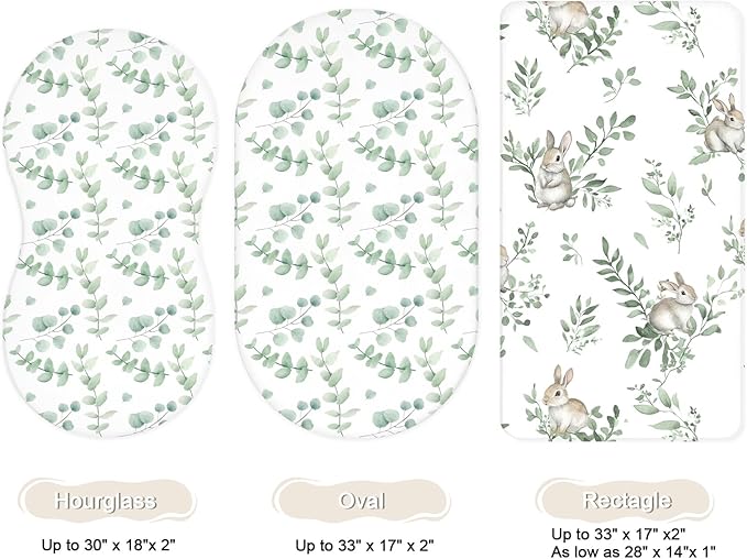 Bassinet Sheets for Baby Girls Boys 2 Pack, Fitted Baby Mattress Sheet for Rectangle, Oval, Hourglass Bassinet Mattress, Breathable Cozy & Universal Fit (Sage Dino)