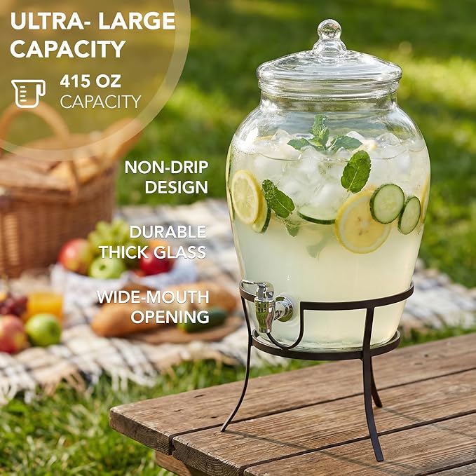 Style Setter Beverage Dispenser Cold Drink Dispenser Glass Jug, Metal Stand & Leak-Proof Acrylic Spigot Great for Parties, Weddings & More (With Metal Rack)