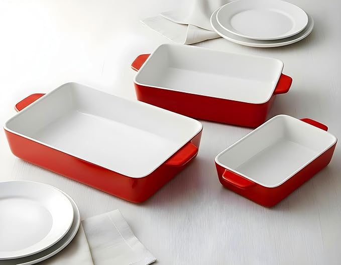 Kook Ceramic Bakeware Set, Rectangular Baking Dishes, For Casseroles, Lasagna, Cake, Small, Medium & Large Pans, Microwave & Dishwasher Safe, Set of 3, Cherry