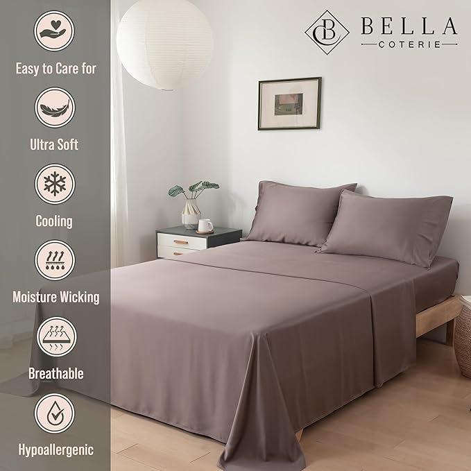 Bella Coterie Luxury Bamboo Viscose King Size Sheet Set | 100% Organically Grown | Ultra Soft | Cooling for Hot Sleepers | 18" Deep Pocket [Mocha]