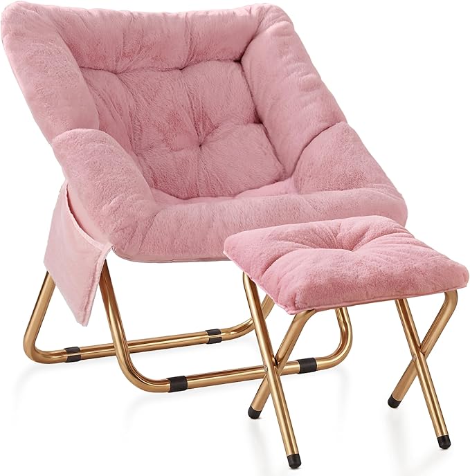 Kasunpul Comfy Saucer Chair, Foldable Living Room Chairs, Soft Faux Fur Lounge Chair for Bedroom, Reading Chairs for Adults, Teens, X-Large (Pink)