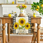 Artoid Mode Buffalo Plaid Sunflower Sunshine Vase Summer Table Runner, Spring Kitchen Dining Table Decoration for Home Party Decor 13x90 Inch