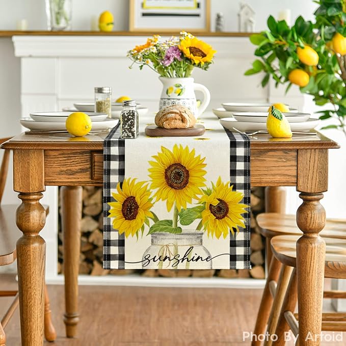 Artoid Mode Buffalo Plaid Sunflower Sunshine Vase Summer Table Runner, Spring Kitchen Dining Table Decoration for Home Party Decor 13x90 Inch