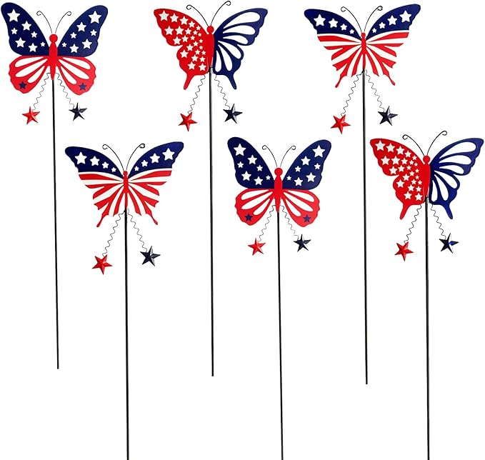 6 Pcs 4th of July Decorations Outdoor,18.2" Red White Blue Metal Butterfly Decorative Garden Stakes for Independence Day,Americana Patriotic Yard Signs Decor for Garden Lawn Porch