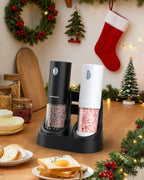 Electric Salt and Pepper Grinder Set - Automatic Refillable Salt and Pepper Grinders with Charging Base & LED Light, 6-Level Adjustable Coarseness with External Dial, Ideal Kitchen Gadget，Black& White