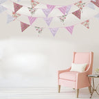 Zwiebeco 32Ft Pink Purple Rustic Floral Fabric Pennant Banner Triangle Flags Cotton Retro Flowers Bunting Party Decorations for Birthday Engagement Wedding Spring Vintage Village Home Garden Decor